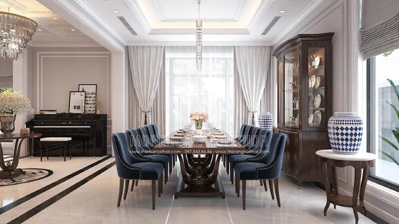 Bộ bàn ghế bọc nhung màu xanh 10 ghế đẹp sang trọng phòng ăn tân cổ điển.