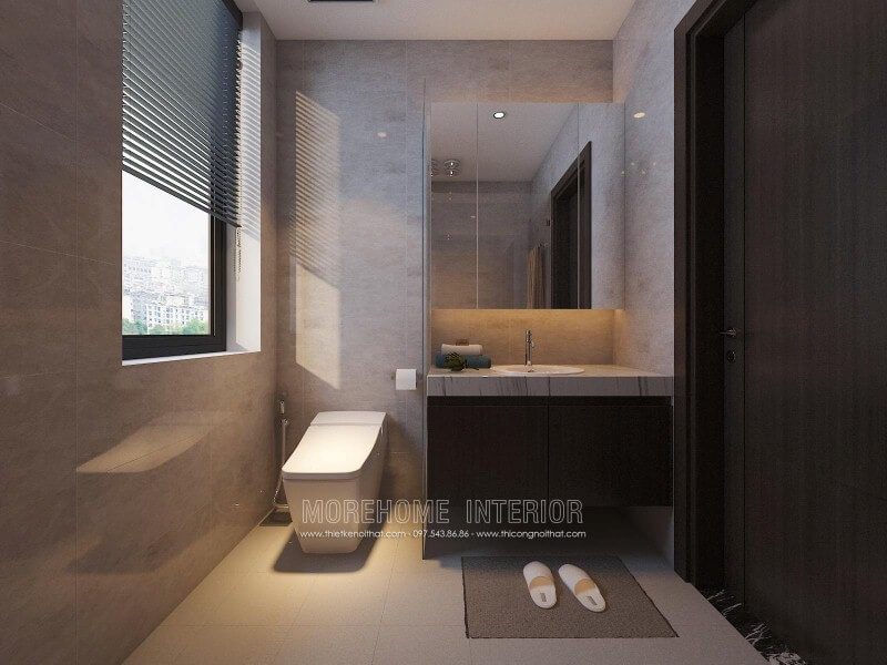 Tủ phòng tắm màu trầm kết hợp cùng mặt bàn đá lavabor cùng bố trí hiện đại giúp cho phòng tắm nhỏ trở nên đẹp, sang trọng và đầy tiện ghi.